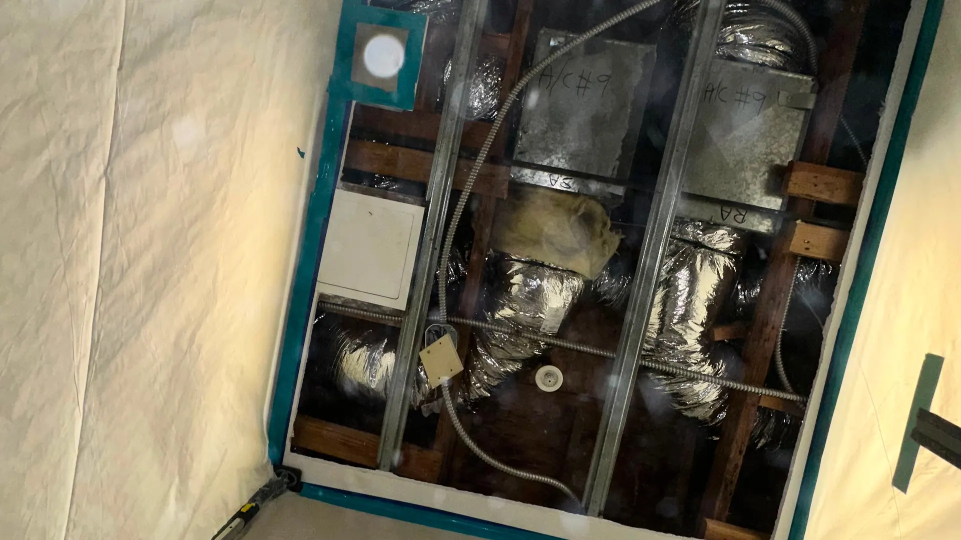 Wet fiberglass duct insulation with mold growth above a ceiling