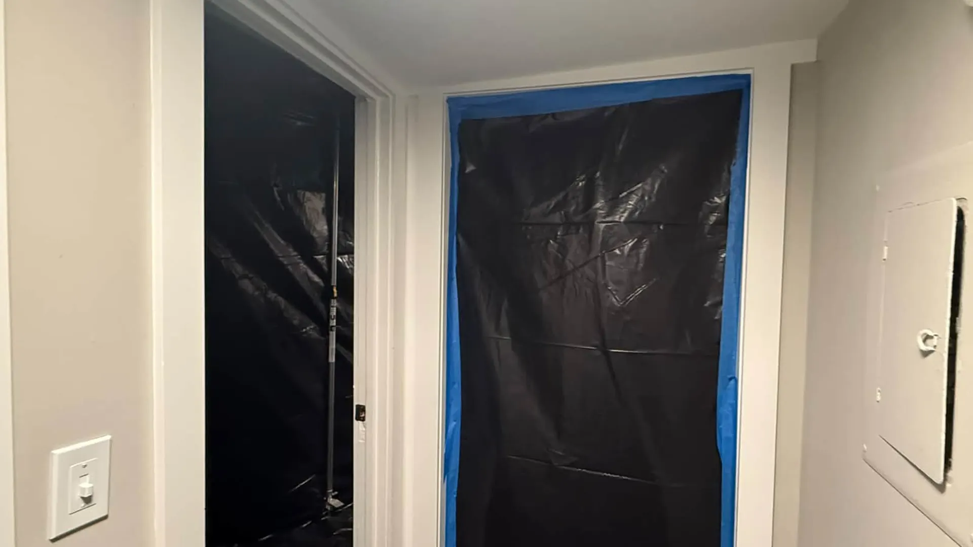 Containment set up in a hallway during mold remediation