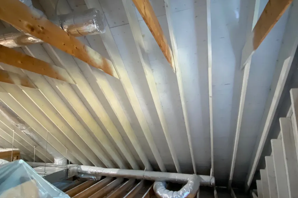 Attic with exposed rafters and ductwork during mold remediation