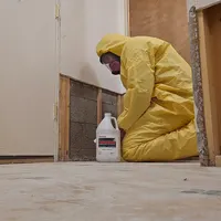 Inspector checking a stained wall for moisture during mold testing