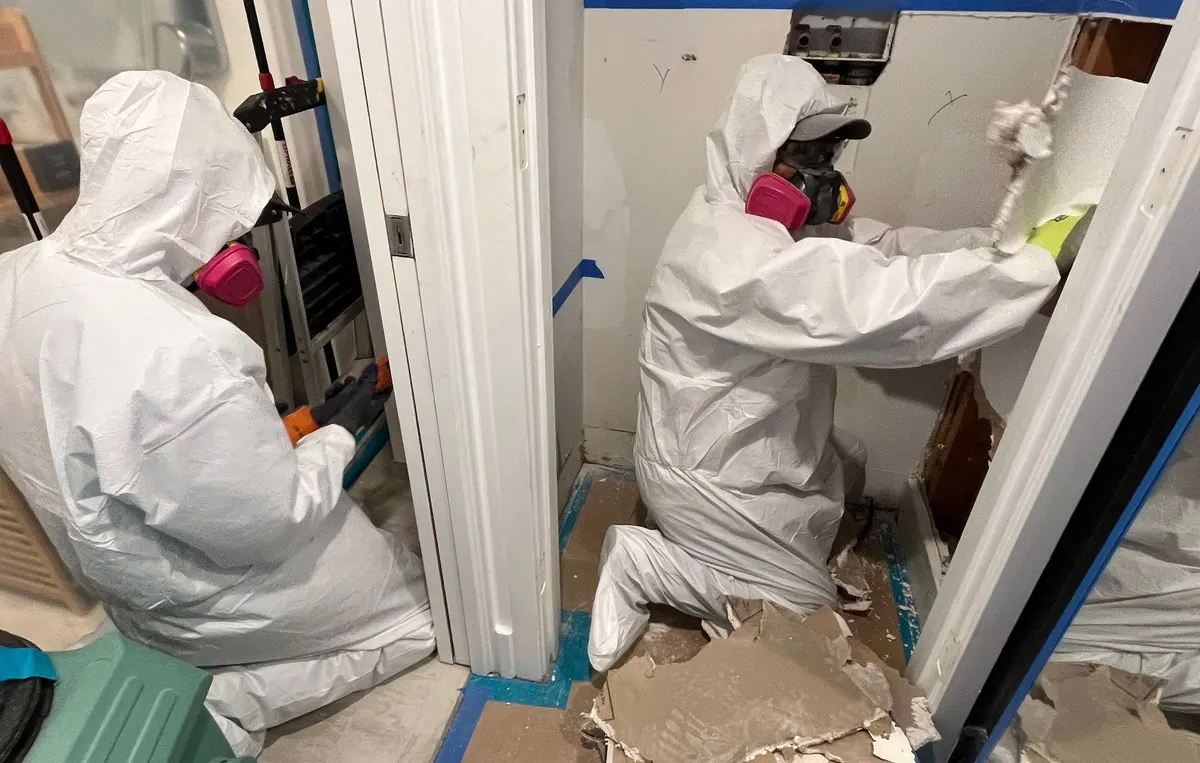 Garden State Mold Pros technicians removing moldy drywall in a New Jersey home