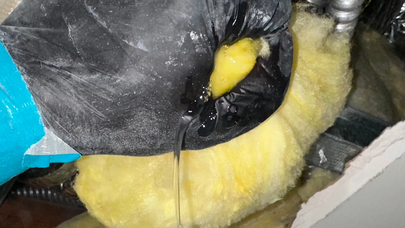 Wet fiberglass duct insulation with mold growth above a ceiling