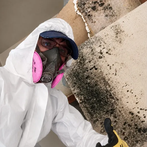 Technician in full PPE holding mold-damaged drywall